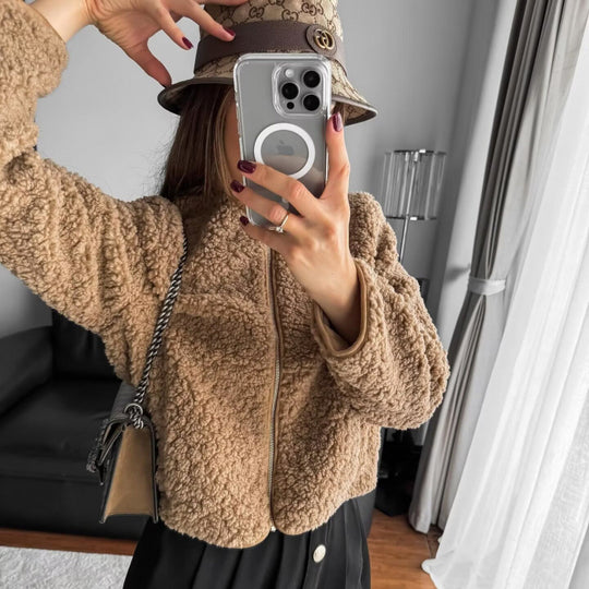 Damen Teddyjacke mit Reißverschluss und seitlichen Eingrifftaschen EB