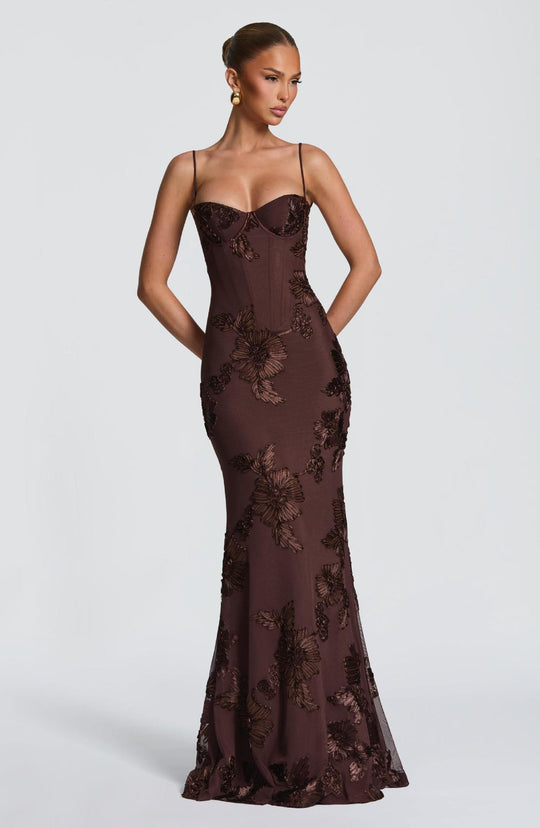 Damen figurbetontes Abendkleid mit floralem Stickdesign und hochwertigem Stoff EB