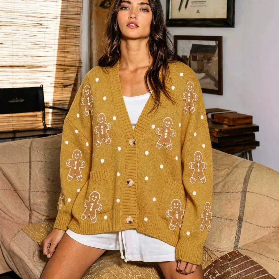 Damen nan oversized Strickcardigan mit Lebkuchenstickerei und tiefem V-Ausschnitt EB