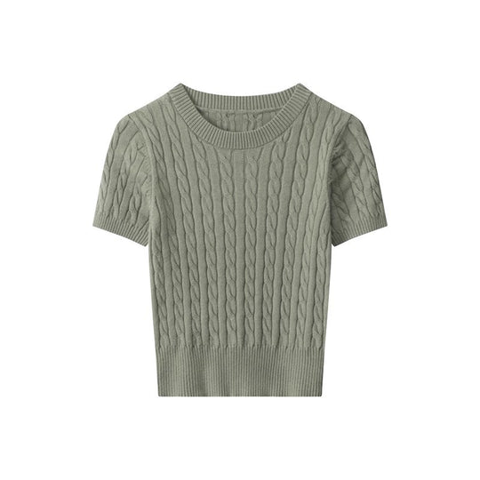 Damen Kurzarm Strickoberteil mit Kabelmuster EB