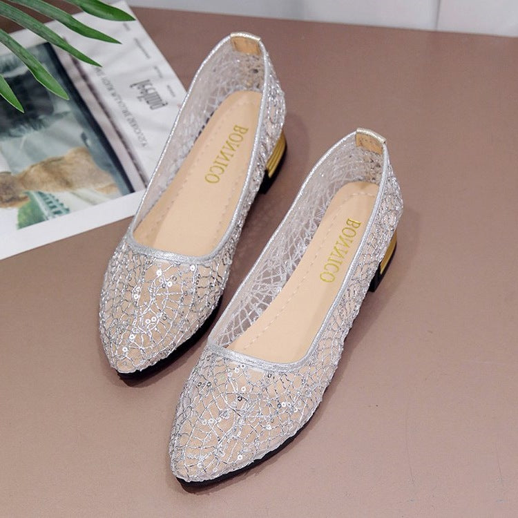 Damen elegante Ballerinas mit glitzernder Spitze und geschmackvollem Absatz EB