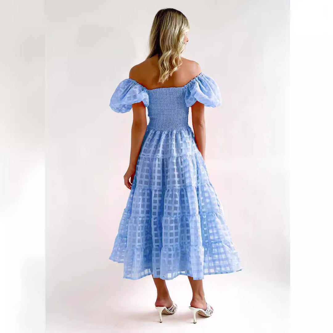 Damen Sommerliches Maxikleid mit voluminösen Puffärmeln und elastischem Taillenbereich EB