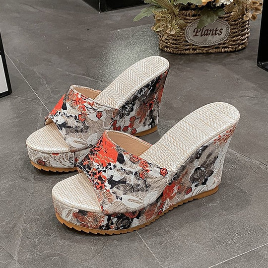Damen Florale Brokat-Mules mit geflochtenem Jute-Plateau und ergonomischem Komfortfußbett EB