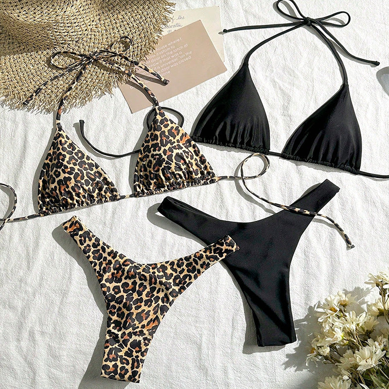 Damen Triangel-Bikini mit aufregendem Leopardenmuster und klassischem Schwarz EB