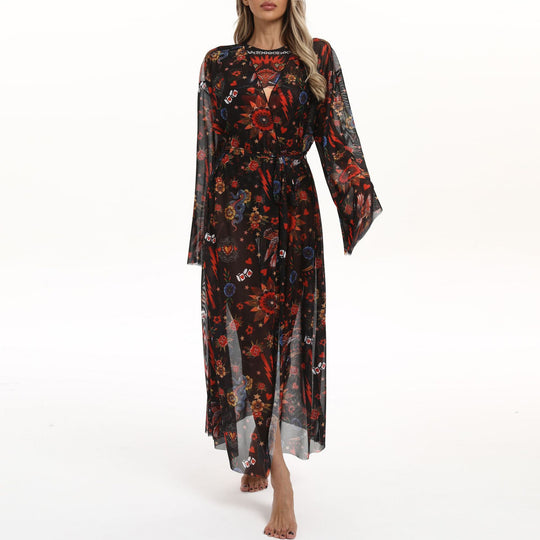 Damen Transparenter Strandkimono mit floralen Mustern EB