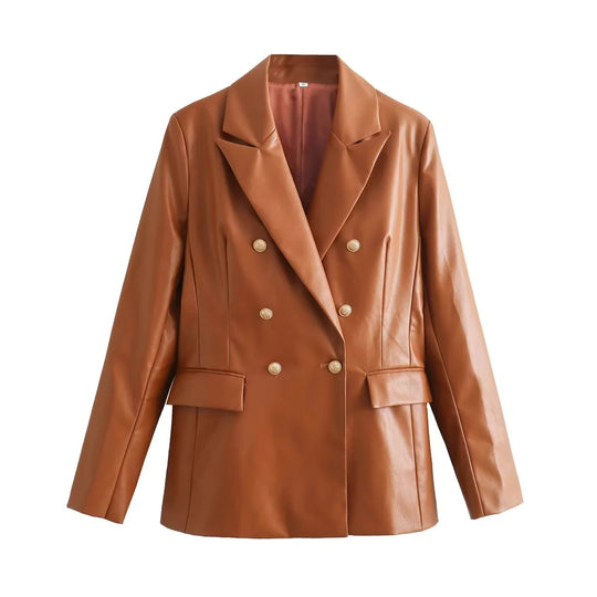 Damen elegante Kunstleder-Blazerjacke mit doppelter Knopfleiste und goldenen Akzenten EB