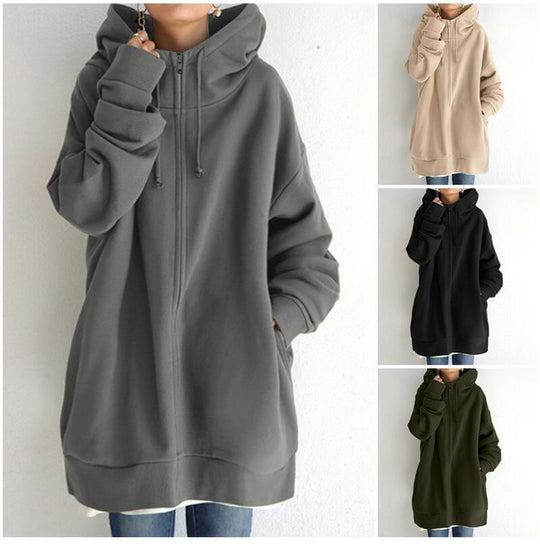 Damen nan oversized Kapuzenlongpullover mit Reißverschluss und Eingrifftaschen EB
