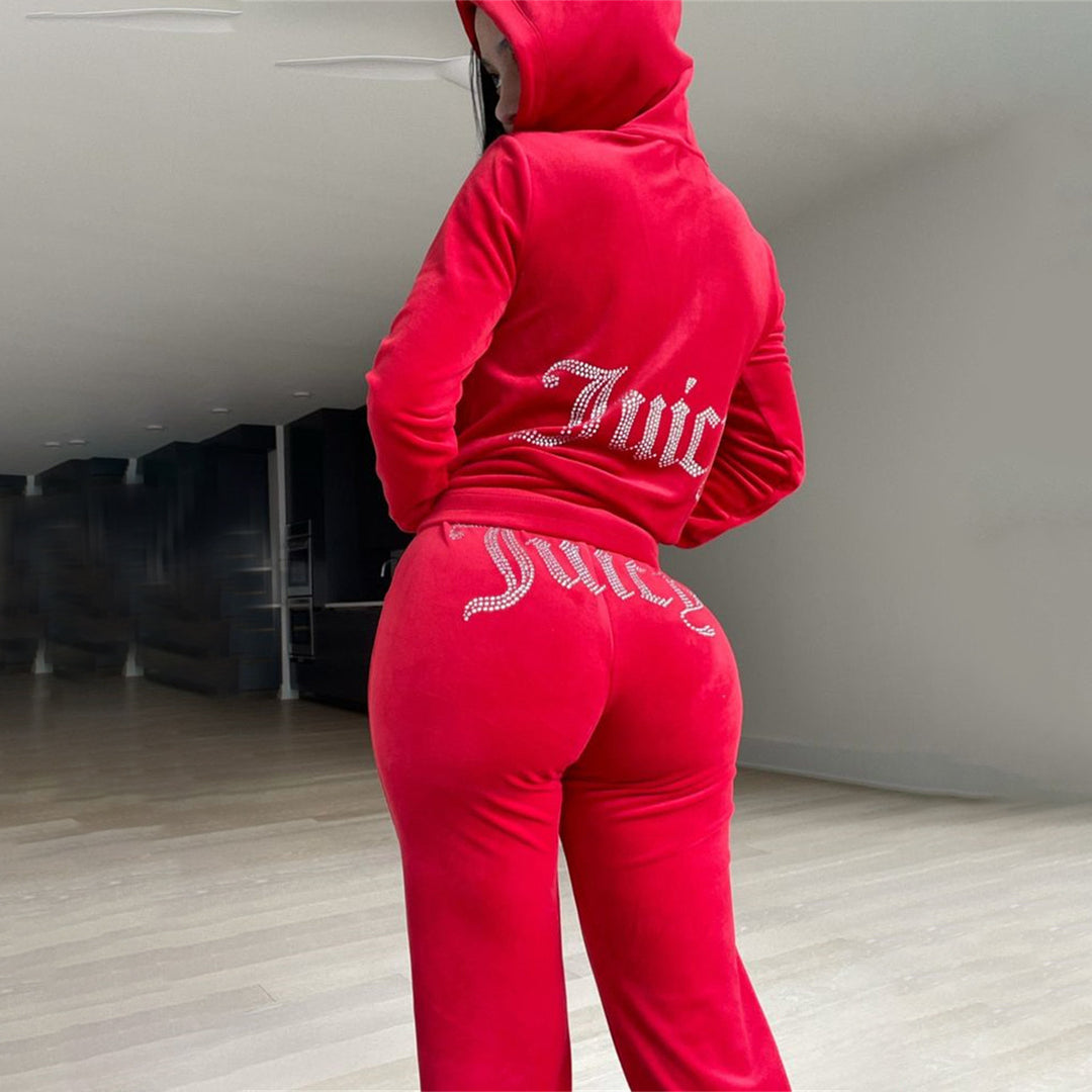 Damen nan luxuriöser Velours Trainingsanzug mit Reißverschlussjacke und Jogginghose EB