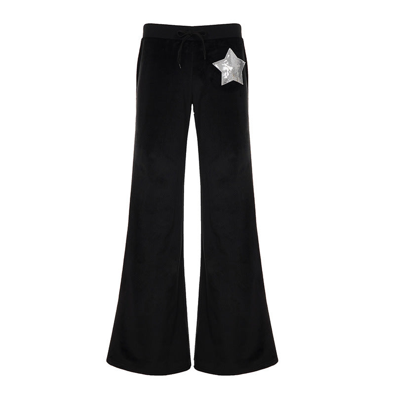 Damen nan Samt-Hose mit weitem Bein, elastischem Bund und Pailletten‑Sternapplikation EB