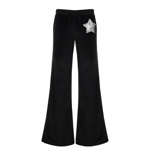Damen nan Samt-Hose mit weitem Bein, elastischem Bund und Pailletten‑Sternapplikation EB