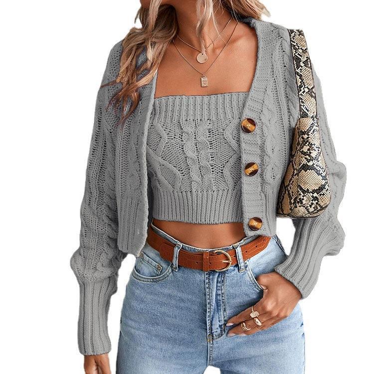 Damen gestricktes Set mit Cardigan und Crop-Top EB
