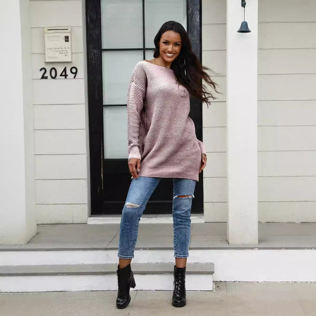 Damen lässiger Strickpullover mit weitem Ausschnitt und Rippstruktur EB