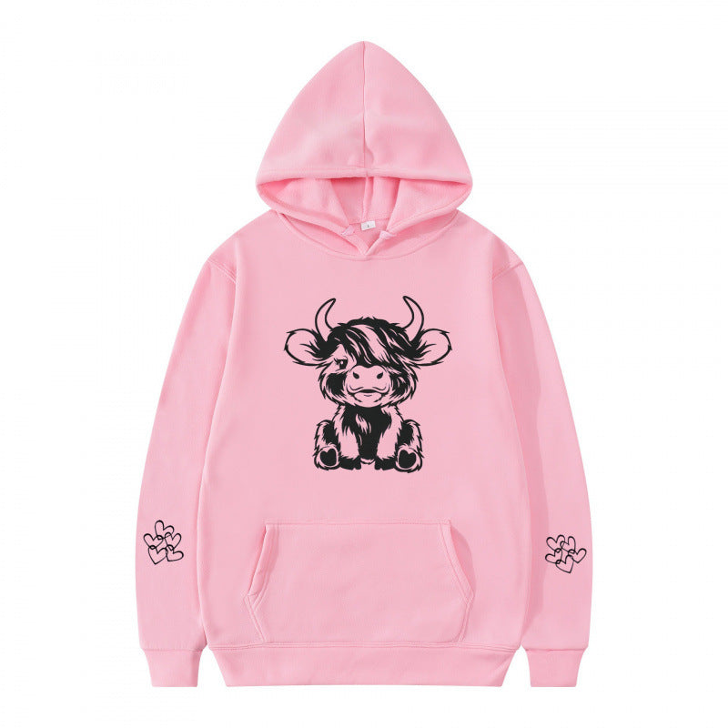 Damen Kapuzensweater mit entzückendem Kuhmotiv und praktischen Kängurutaschen EB