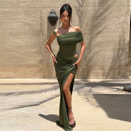 Damen Raffiniertes Maxikleid mit asymmetrischem Design und figurnaher Passform EB