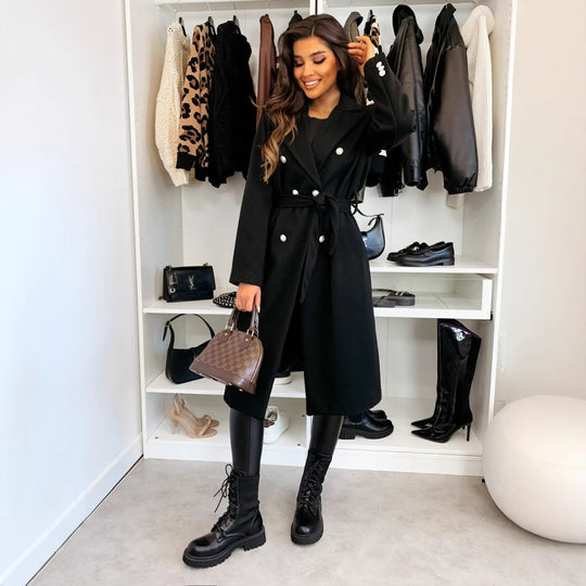 Damen eleganter Mantel mit Taillengürtel und doppelter Knopfblende EB