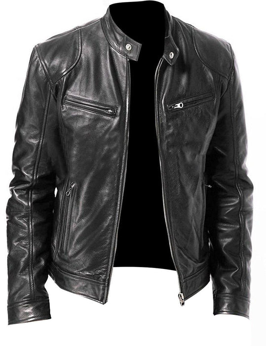 Herren nan vintage-inspirierte Lederjacke im Bikerstil mit Stehkragen und sichtbaren Reißverschlüssen EB