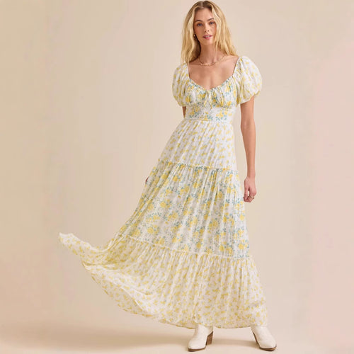 Damen Maxikleid mit blumigem Design und hochwertigen Puffärmeln EB