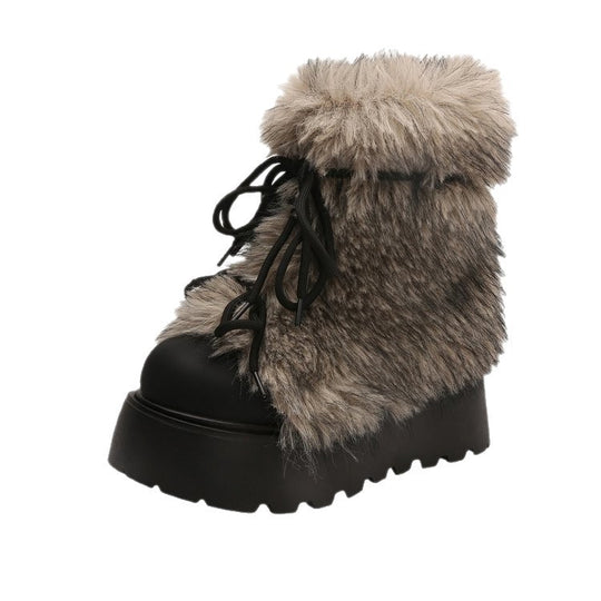 Damen Winterliche Schnür-Boots mit modischem Fellkragen und rutschfester Sohle EB