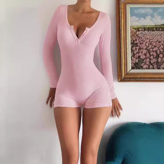 Damen Körperbetonter Langarm-Jumpsuit mit feinen Rippdetails EB