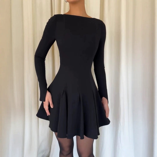 Damen Kleid mit ausgestelltem Rock und eleganten langen Ärmeln EB
