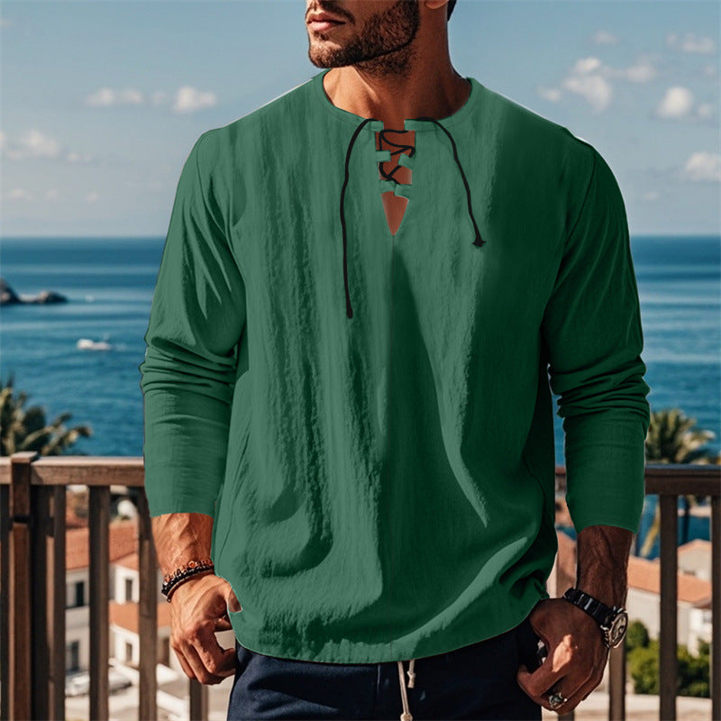 Herren modisches Langarmshirt mit Schnürung und V-Ausschnitt EB