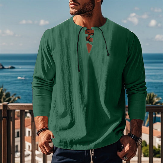 Herren modisches Langarmshirt mit Schnürung und V-Ausschnitt EB