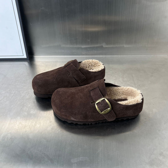 Damen Komfortable Suede Clogs mit weichem Innenfutter und dekorativer Schnalle EB