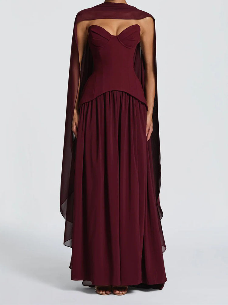 Damen Elegantes Maxikleid mit Abnehmbarem Cape EB