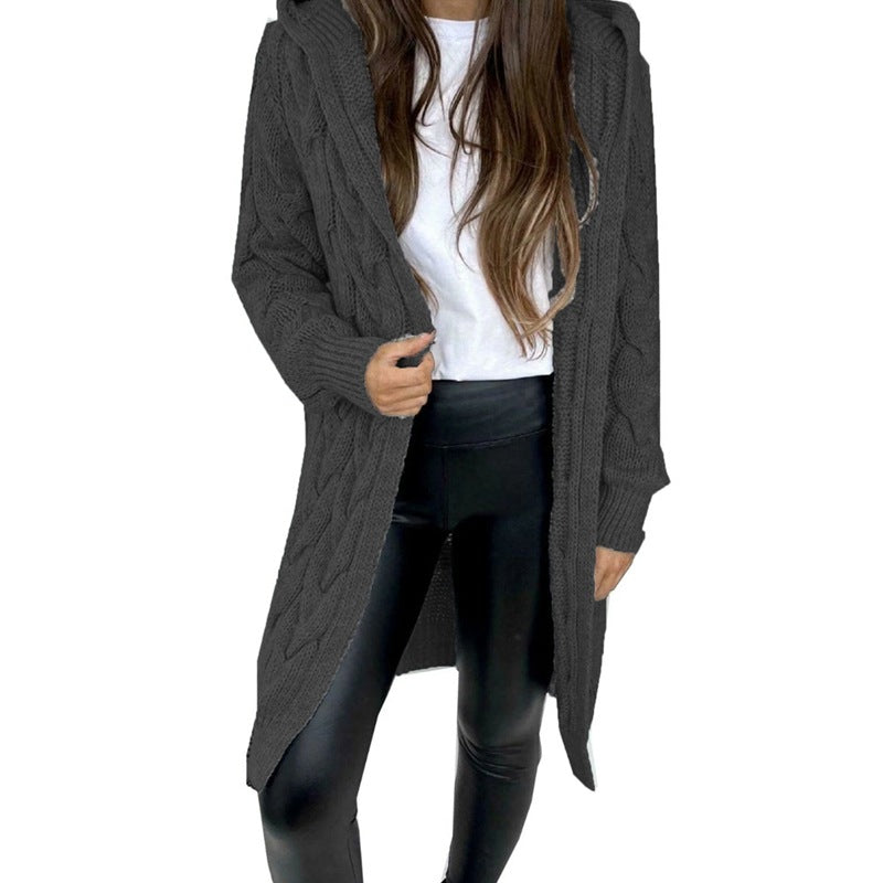 Damen Langer Strickmantel mit strukturiertem Zopfdesign und praktischer Kapuze EB