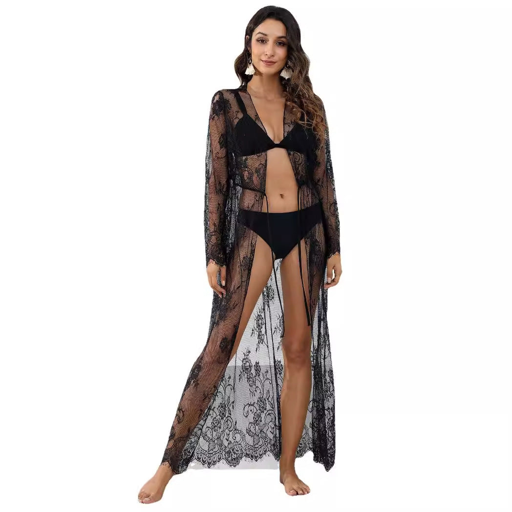 Damen transparentes Häkel-Kleid mit floralem Design EB