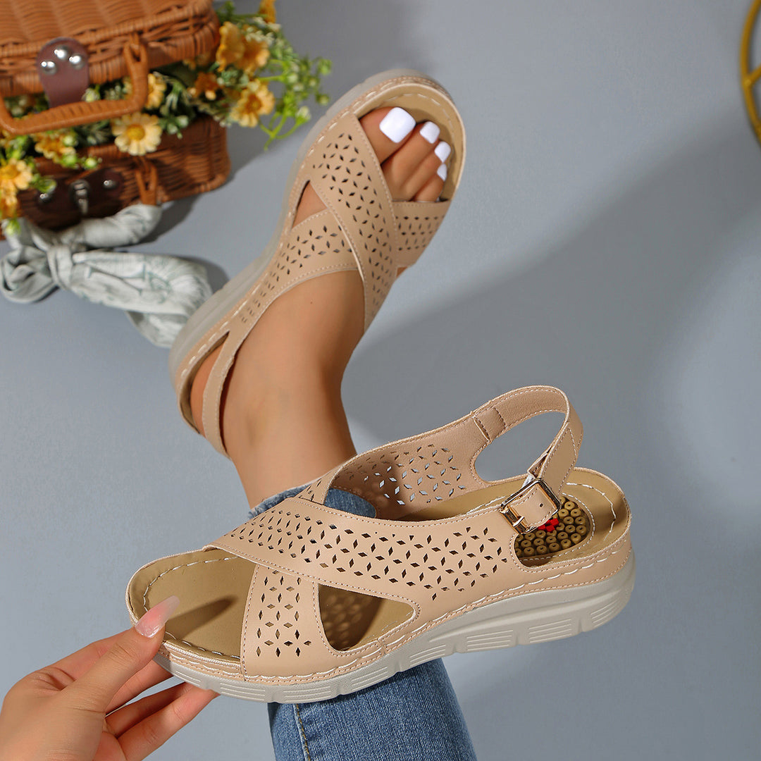 Damen Komfortable und atmungsaktive Wedge-Sandalen mit floralem Lochdesign EB