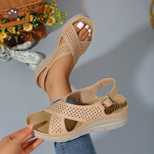 Damen Komfortable und atmungsaktive Wedge-Sandalen mit floralem Lochdesign EB