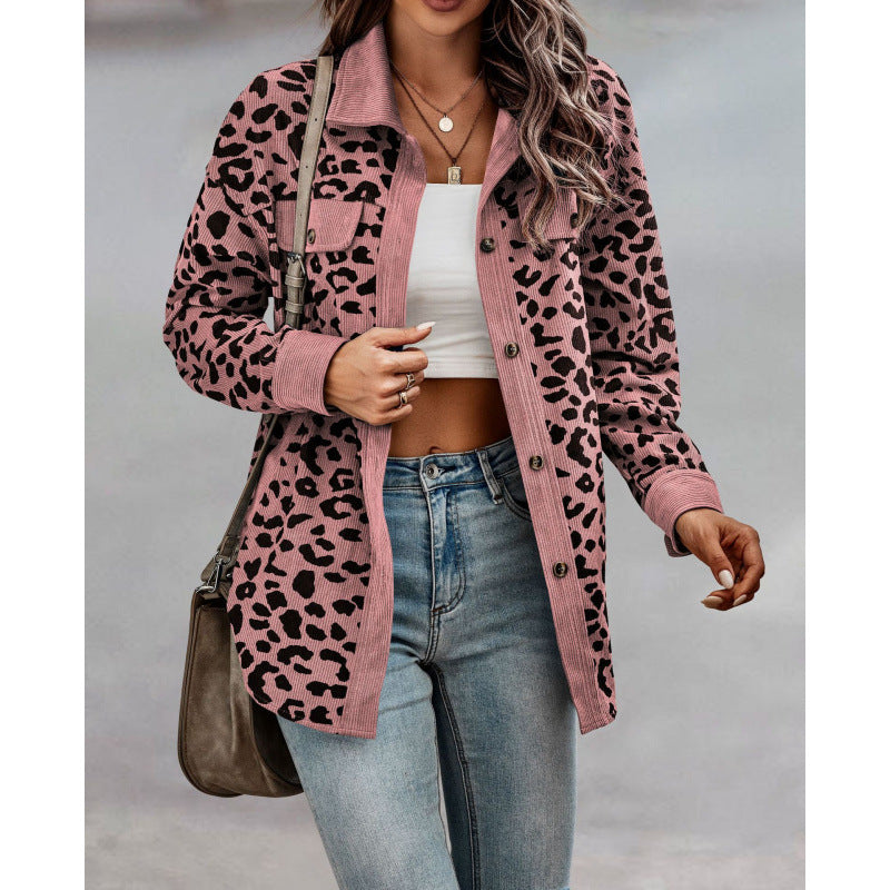 Damen tierisches Print-Langarm-Hemdjacke mit aufgesetzten Taschen EB