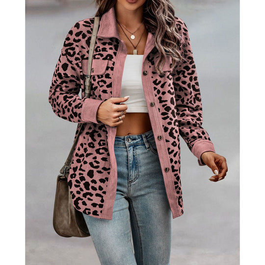 Damen tierisches Print-Langarm-Hemdjacke mit aufgesetzten Taschen EB