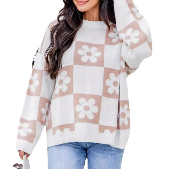 Damen Oversized Strickpullover mit floralem Muster und lässigem Schnitt EB