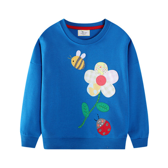 Damen Sweatshirt mit fröhlichem Blumen- und Insektenmotiv EB