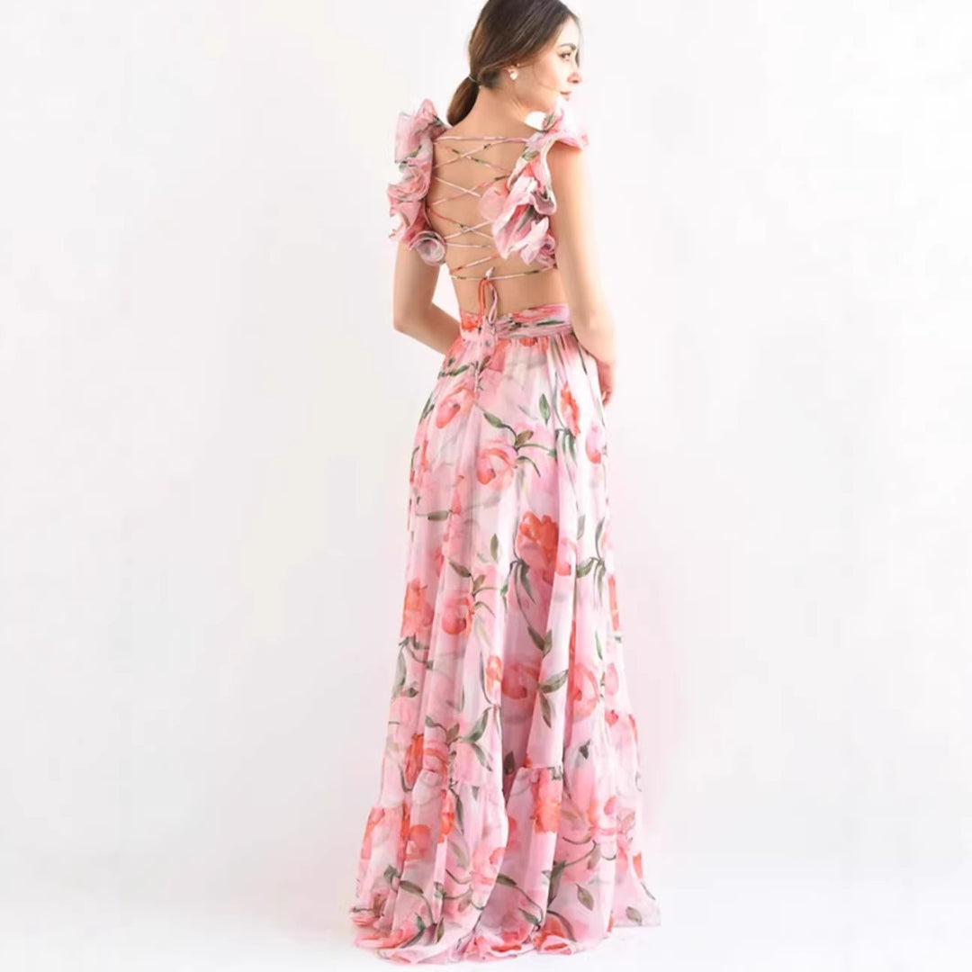 Damen Maxikleid im romantischen Vintage-Stil mit fließendem Rock und Rüschendetails EB