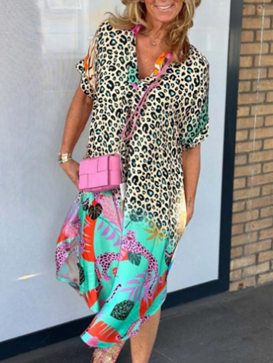 Damen nan weit geschnittenes V-Ausschnitt Midikleid mit Leoparden- und Tropenprint EB