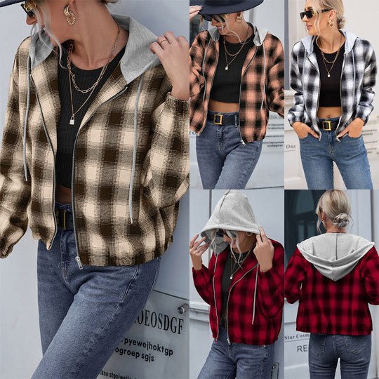 Damen lässige Baumwolljacke mit Karomuster und Kapuze EB