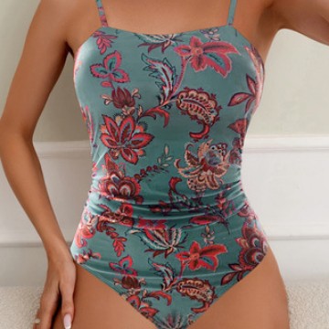 Damen Einteiler Badeanzug mit floralem Raffungselement EB