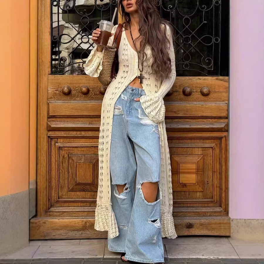 Damen Langer Häkelstrick-Cardigan mit Glockenärmeln und Offener Front EB