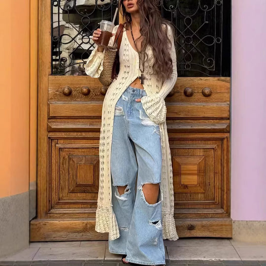Damen Langer Häkelstrick-Cardigan mit Glockenärmeln und Offener Front EB