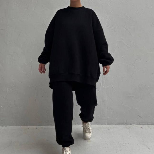 Damen Oversized Freizeit-Loungewear-Anzug mit hohem Kragen und elastischem Bund EB