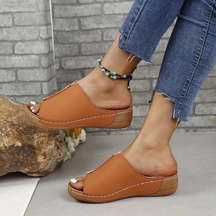 Damen Offene Komfort‑Mules mit gepolstertem Fußbett und Korkoptik‑Plateau EB