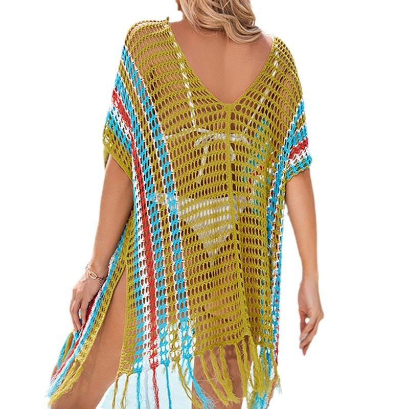 Damen luftiger Häkel-Strandüberwurf mit fransigen Details EB