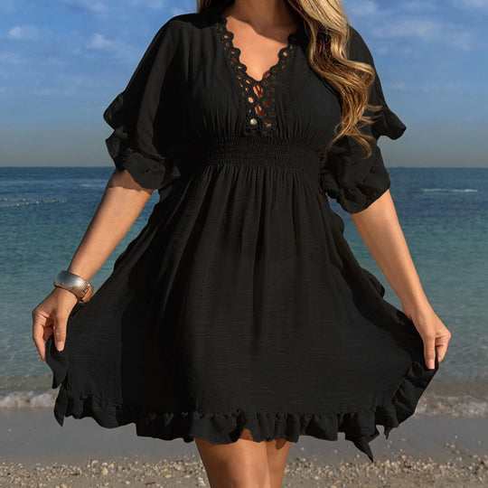 Damen luftiges Strandkleid mit Rüschendetails und vorteilhafter Schärpe EB