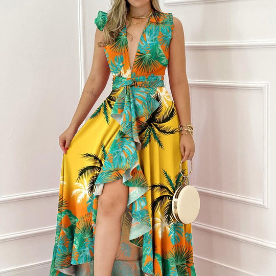 Damen Maxi-Kleid mit tiefem V-Ausschnitt und asymmetrischem Rock EB