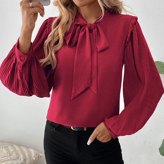 Damen elegante Bluse mit Rüschendetails und Schluppenkragen EB