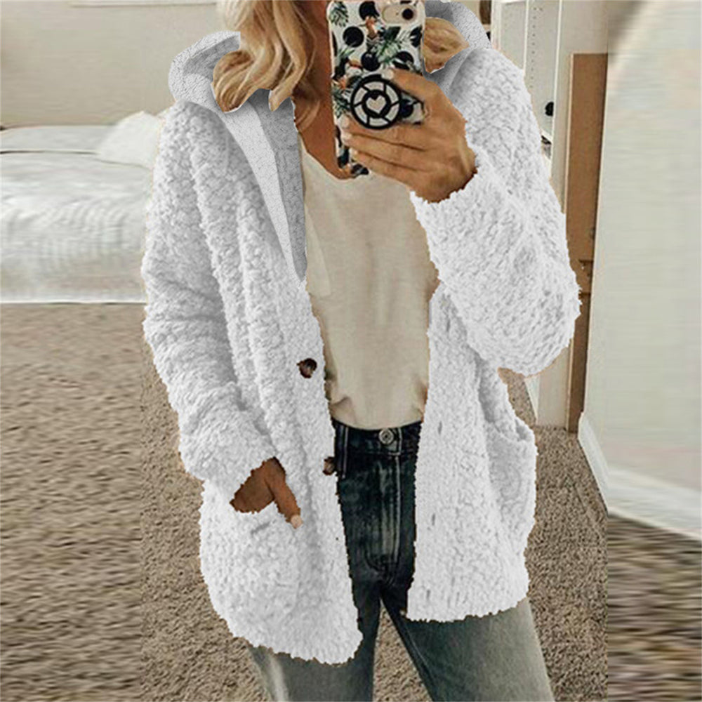 Damen kuschelige Fleecejacke mit Kapuze und praktischen Taschen EB