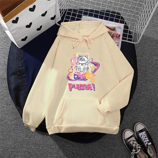 Damen nan oversized Kapuzenpullover im Streetstyle mit weichem Fleece-Innenfutter, Kängurutasche und farbenfrohem Cartoon-Katzen-Planet-Print EB
